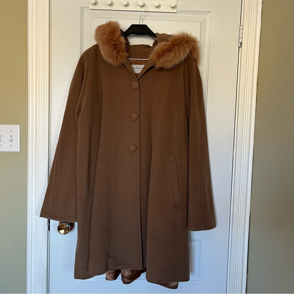 Oxford Street Paris Brown Coat Faux Fur Collar Wool and Cashmere Large Women